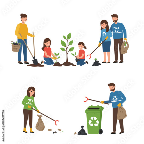 Eco-Conscious Community: A vibrant illustration depicts families and individuals actively engaged in environmental stewardship, planting trees, and cleaning up waste.