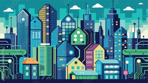 Urban landscape with digital technology elements blending into city architecture showcasing vibrant colors at dusk