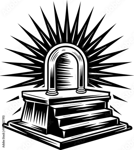 Undersea shrines symbolizing mortality in vector style. Decorative Monolith with Radiating Sunburst Design in Black and White