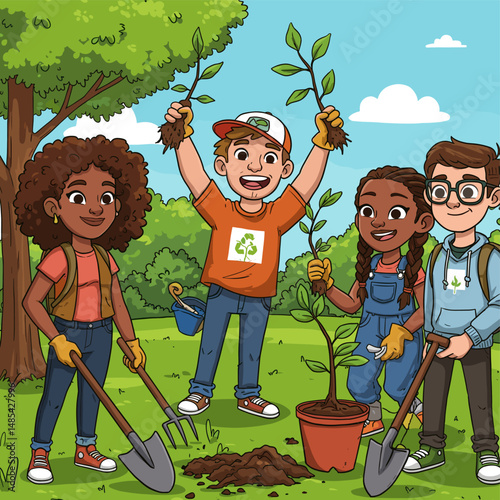 Planting Hope for Tomorrow: A youthful group of eco-conscious individuals, united in their commitment, joyfully plant saplings under the bright sunlight.