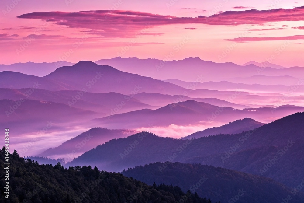 Fototapeta premium Pink and Purple Sunrise Over Misty Mountain Ridge.