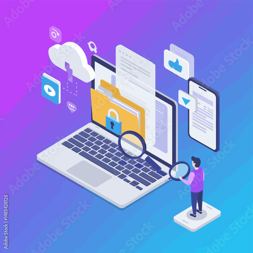 Isometric illustration of man analyzing data security on laptop