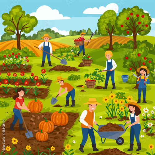Harvest Harmony: An illustration captures a lively autumn scene, with a vibrant garden brimming with ripe produce, amidst a backdrop of cheerful figures working together.