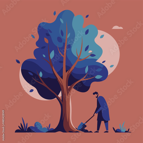 Man digging soil to plant a large blue tree, abstract style