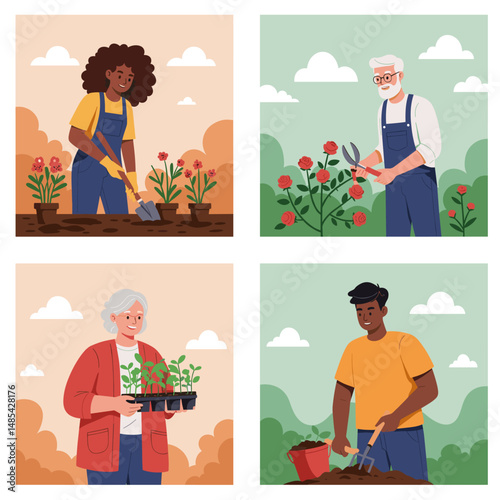 Four diverse people portraits: gardening, pruning, planting