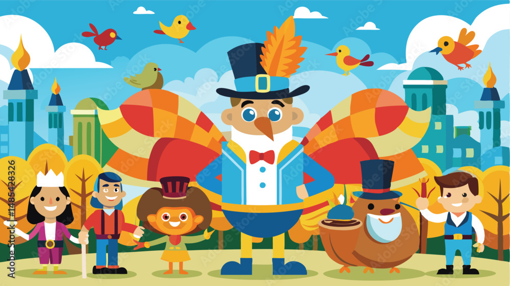 Obraz premium Colorful vector illustration of a festive parade featuring whimsical characters in a vibrant autumn landscape with a castle backdrop and playful fall decorations