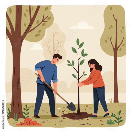 Planting Hope: A couple diligently plants a young tree, symbolizing growth and commitment to a better future, while contributing to the environment.