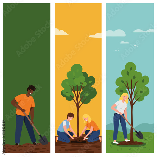 Planting Together: A heartwarming illustration of diverse individuals uniting to plant trees, nurturing growth and symbolizing the beauty of community and environmental stewardship.