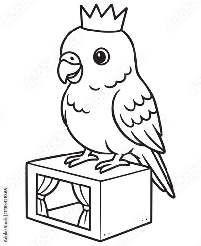Coloring book cockatiel wearing a small crown stands proudly on a miniature puppet theater stage with drawn curtains