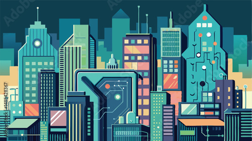 Urban landscape with digital technology elements blending into city architecture showcasing vibrant colors at dusk