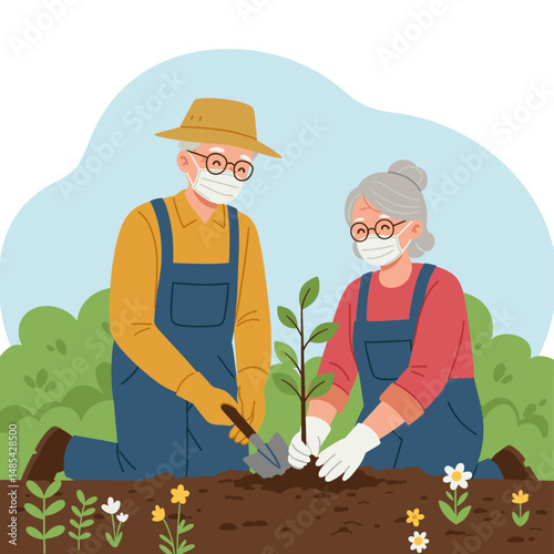 A Caring Couple Planting a Tree: Elderly couple plants a sapling in the ground, embodying growth, environmental stewardship, and shared life values.