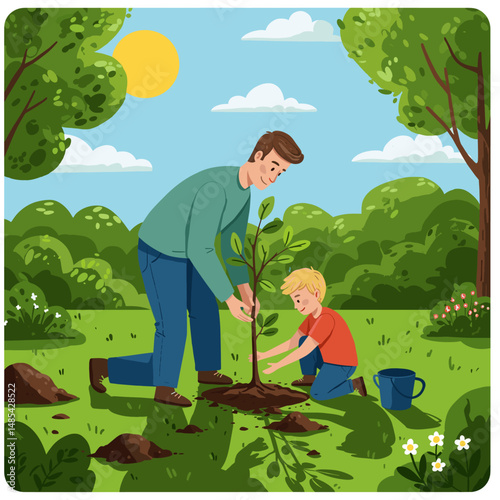 Father and Son Planting a Tree: A heartwarming illustration of a father and his young son working together to plant a sapling in their garden, symbolizing growth, family bonding.