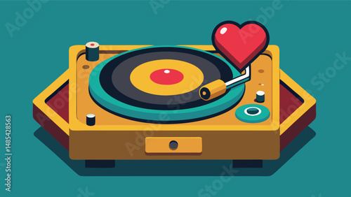 Vintage record player with a heart-shaped tonearm playing romantic music on a teal background