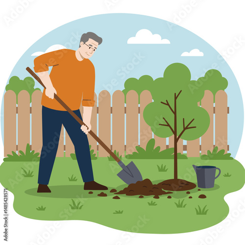 Older man planting tree garden illustration
