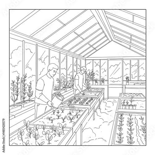 Men watering plants greenhouse line art illustration