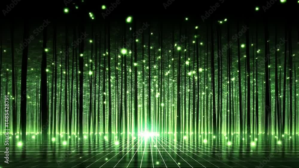Futuristic green digital light beams on tech grid background