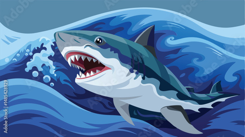 Vector illustration of a great white shark breaching the ocean surface amidst waves during daylight