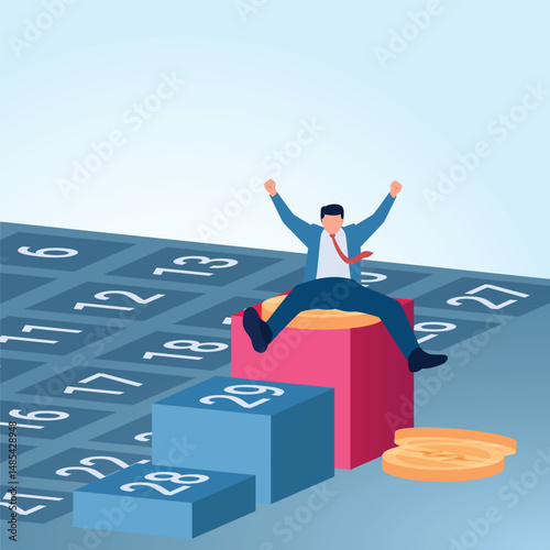 A man sitting on a calendar of the 30th and coins. A metaphorical illustration for payday, work payment and the end of the month.