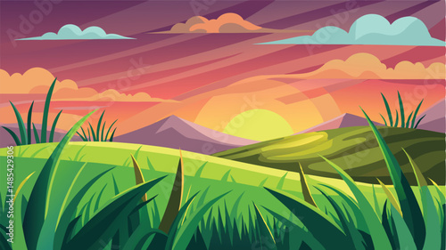 Sunset over grassy hills in a colorful sky with clouds blending hues of orange and purple during evening hours