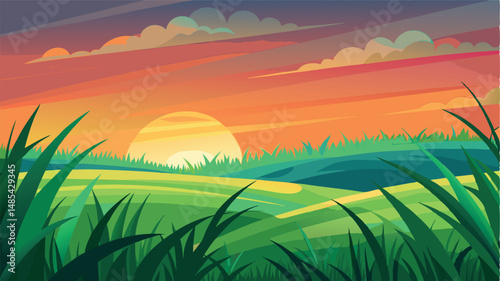 Sunset over grassy hills in a colorful sky with clouds blending hues of orange and purple during evening hours