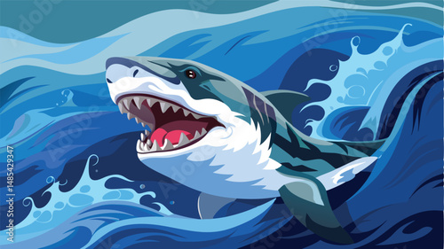 Vector illustration of a great white shark breaching the ocean surface amidst waves during daylight