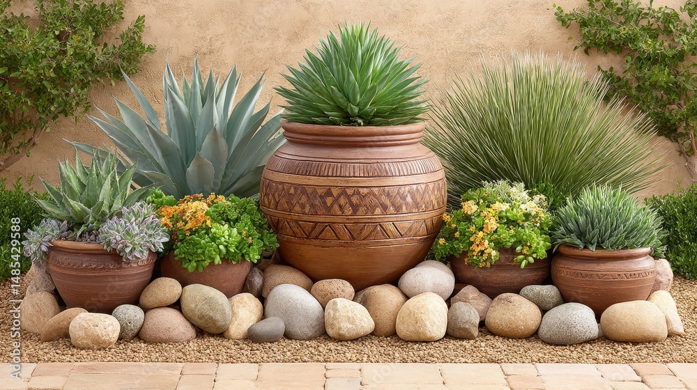 Fototapeta premium Succulent Garden Arrangement in Terracotta Pots