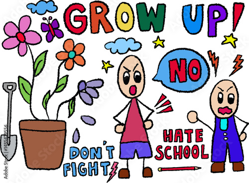 Kid drawing style vector illustrations of kids arguing, grow up letters, flowers in flower pot, butterfly, cloud, hate school letters, garden hoe for decoration, stickers, logo, icon, comic, cartoon