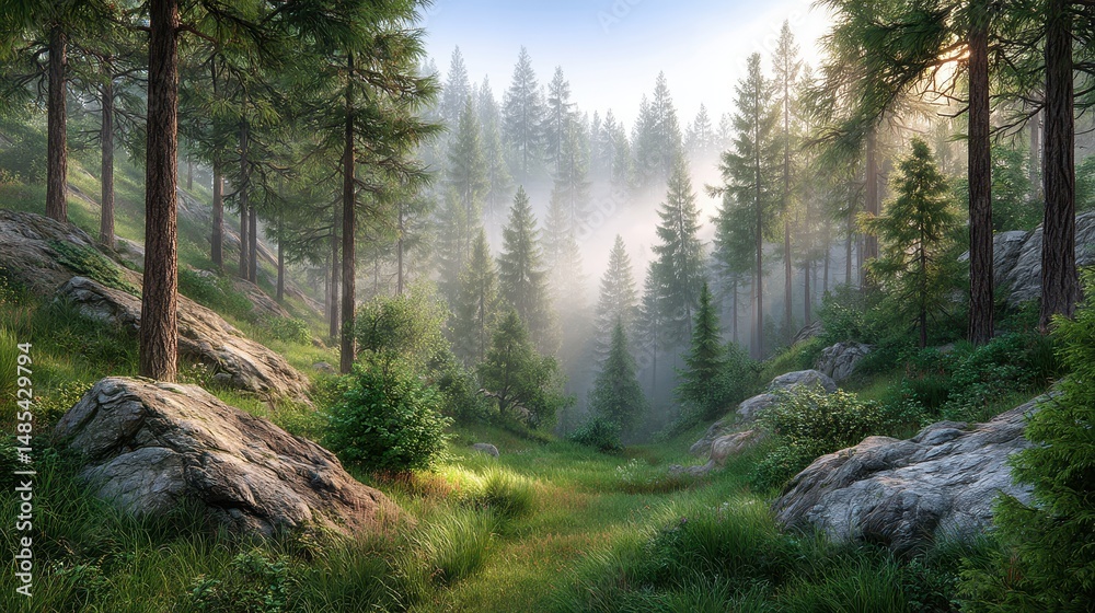 Fototapeta premium Sunlit Morning Mist in a Lush Green Forest with Tall Pine Trees