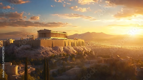 Golden Acropolis Sunset: Majestic Athenian Landmark at Dusk photo