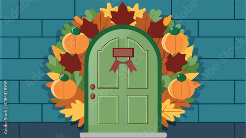 Fall-themed vector illustration featuring a welcoming door adorned with seasonal leaves and pumpkins