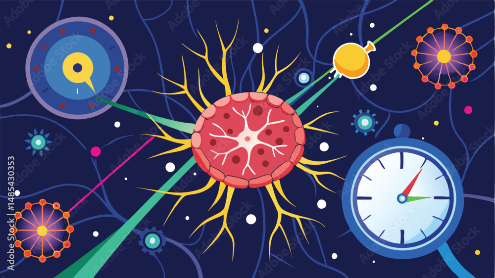 Vector illustration showing a vibrant cell structure surrounded by abstract microorganisms and clocks, representing the dynamic interactions in cellular biology Vector illustration showing a vibrant cell structure surrounded by abstract microorganisms and clocks, representing the dynamic interactions in cellular biology