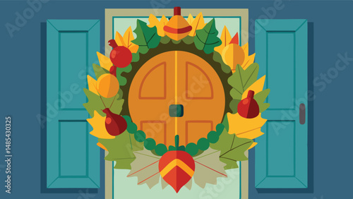 Fall-themed vector illustration featuring a welcoming door adorned with seasonal leaves and pumpkins