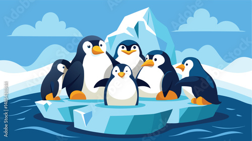 Group of penguins gathered on an iceberg in a serene polar environment showcasing their playful interactions and natural habitat