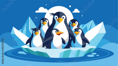 Group of penguins gathered on an iceberg in a serene polar environment showcasing their playful interactions and natural habitat