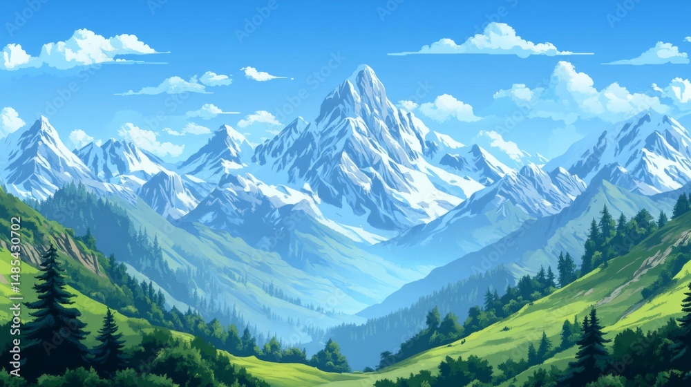 Obraz premium Snow-Covered Mountain Peaks in a Sunny Alpine Valley