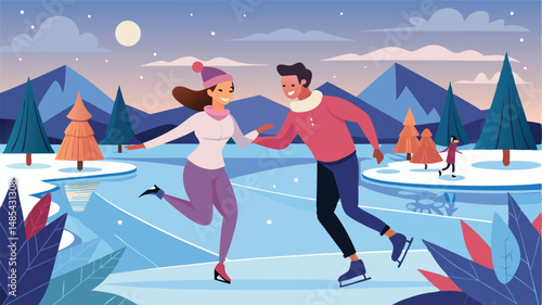 Couple ice skating happily on a frozen lake surrounded by snowy mountains and evergreen trees during a bright winter day