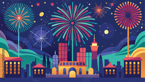 Colorful fireworks illuminate a vibrant city skyline during a festive night celebration