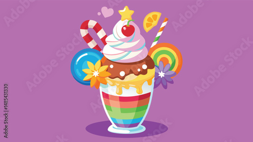 Colorful ice cream sundae in vibrant glass topped with cherry and rainbow candy on cheerful blue background
