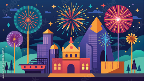 Colorful fireworks illuminate a vibrant city skyline during a festive night celebration