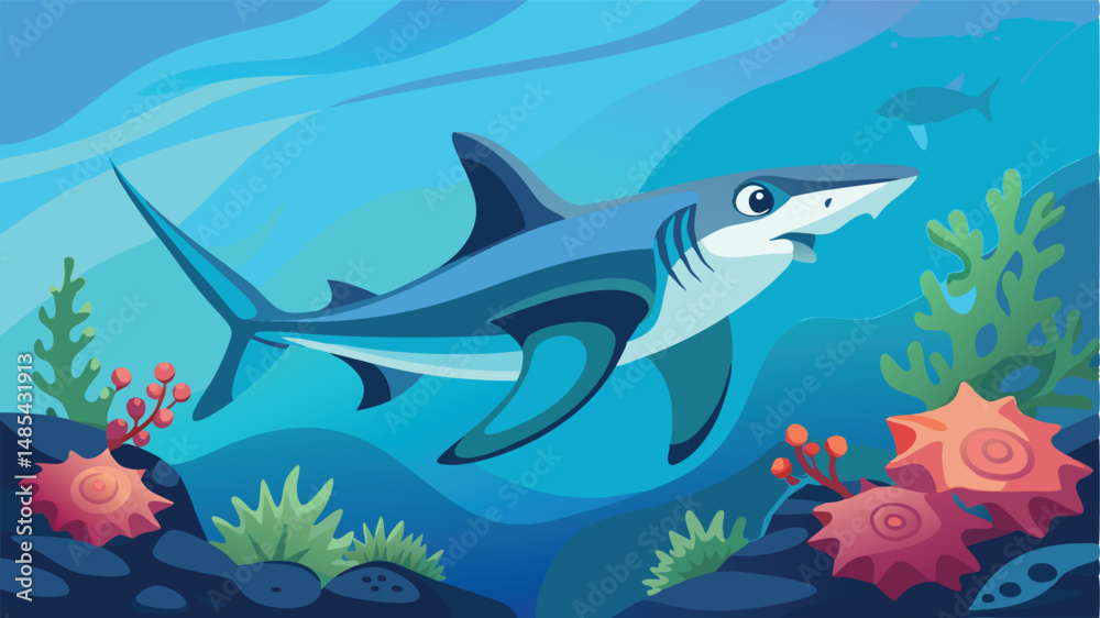 Naklejka premium Colorful vector illustration of a shark swimming in a vibrant underwater environment with various fish and coral reefs during daylight