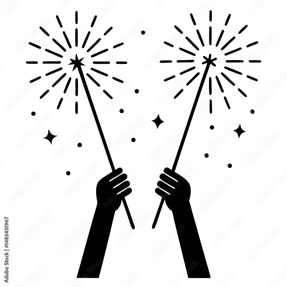 Hands holding sparklers silhouette vector illustration