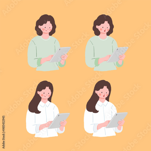 Career woman working with tablet set vector illustration