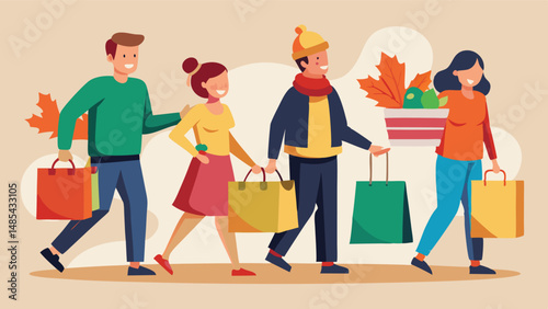 Shopping together during autumn with cheerful friends carrying bags in a vibrant outdoor setting and enjoying the seasonal atmosphere