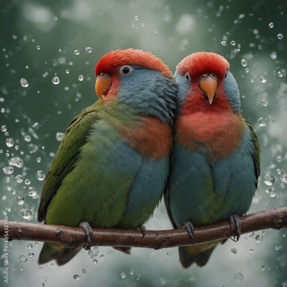 Obraz premium A pair of lovebirds snuggled together on a transparent background.
