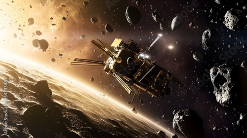 Black universe image showcasing deep space probe traveling beyond Pluto surrounded asteroid cloud space debris cosmic radiation field perfect space mission exploration theme cut out isolated