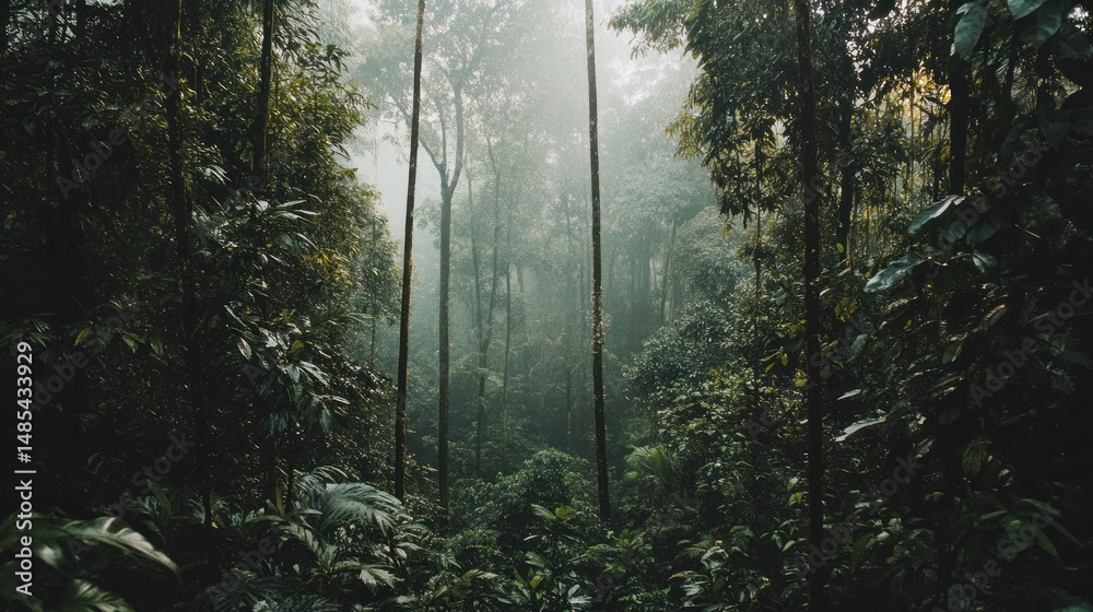 Fototapeta premium Lush forest canopy scene in a misty, tropical environment.