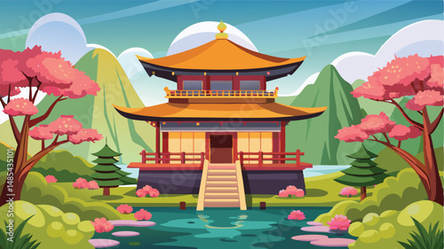 Beautiful vector illustration of an Asian pagoda surrounded by mountains and trees at sunset with a colorful sky