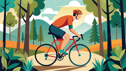 Mountain biker rides through a lush forested trail surrounded by trees and mountains on a sunny day with a vibrant background