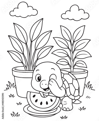 Coloring book turtle winks while enjoying a slice of watermelon on a plate, sitting in the grass 