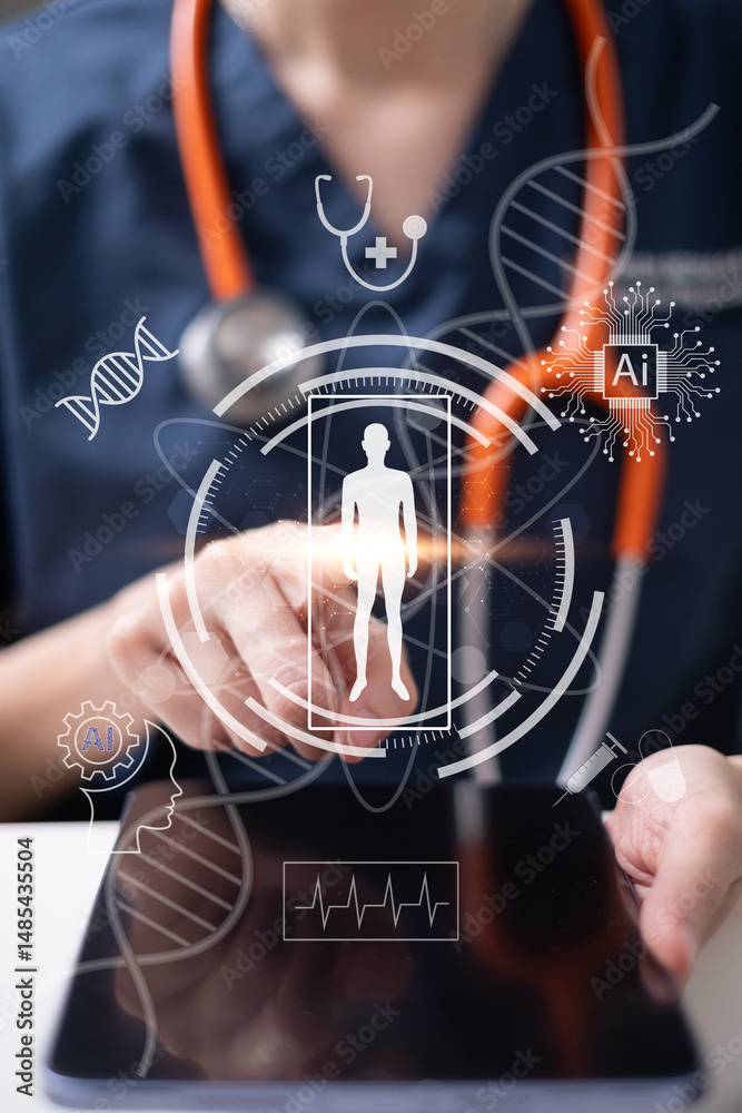 Fototapeta premium Professional doctor physician medical healthcare worker using artificial intelligence for diagnosis analysis treatment technology innovation disease concept